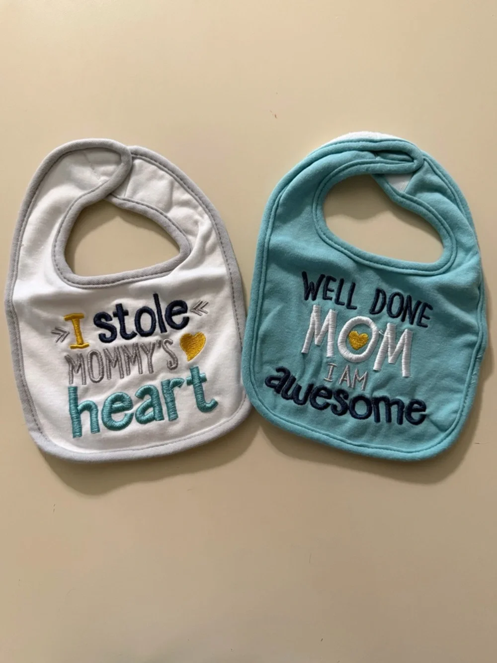Embroidered Baby Bib Duo in White and Aqua - Charming Mom Messages